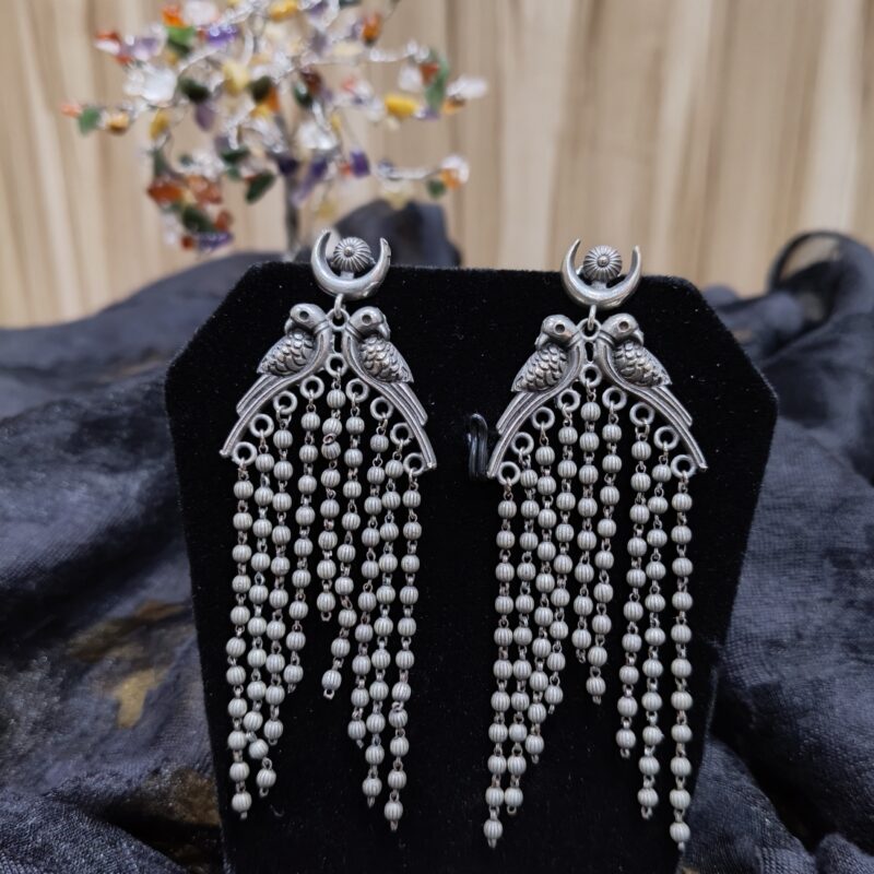 Silver-Toned Bird Motif Earrings with Dangling Beads - Image 4