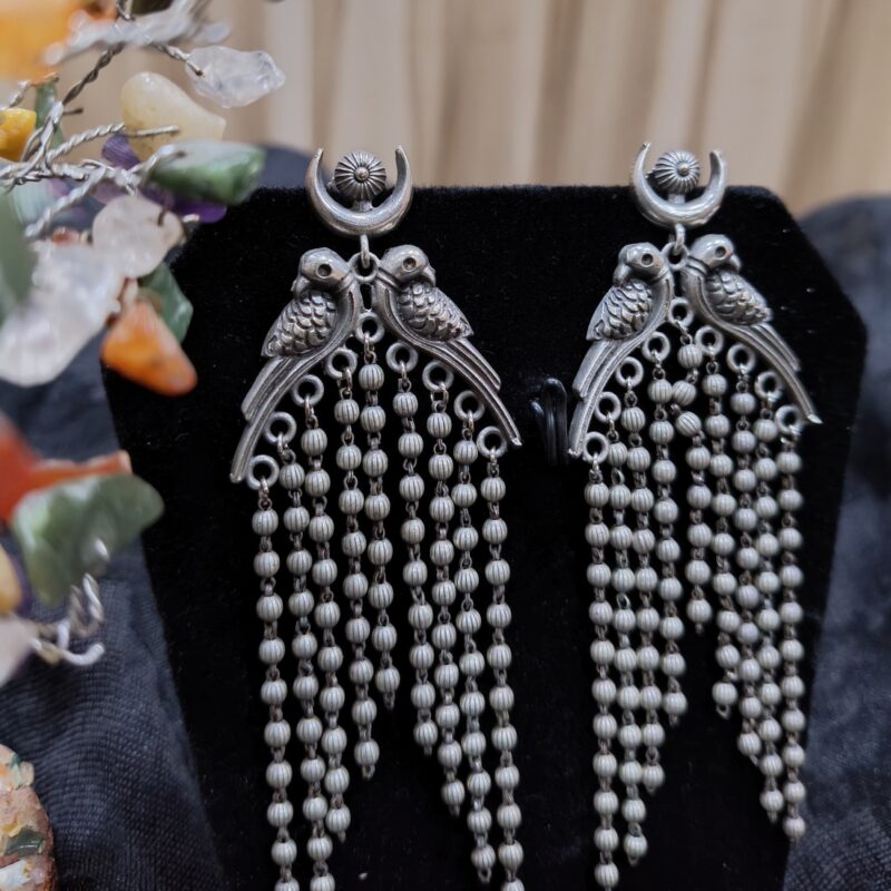 Silver-Toned Bird Motif Earrings with Dangling Beads - Image 3