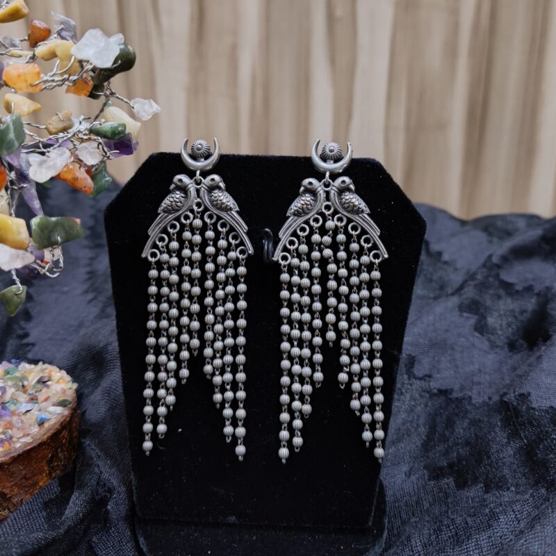 Silver-Toned Bird Motif Earrings with Dangling Beads - Image 2