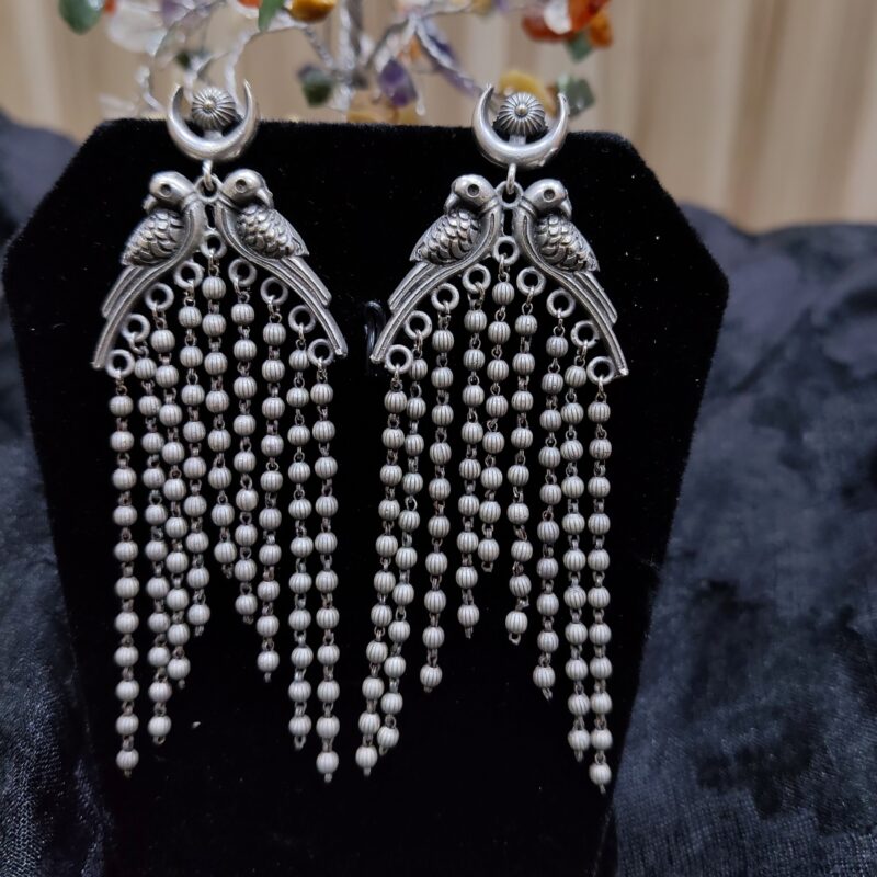 Silver-Toned Bird Motif Earrings with Dangling Beads